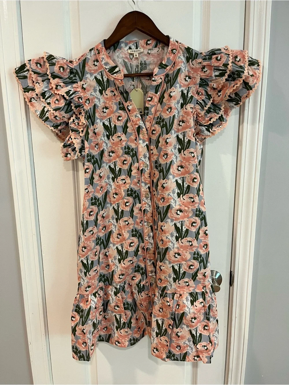 JODIFL Blush Floral Ruffle-Sleeve Women’s Dress - Picture 1 of 8